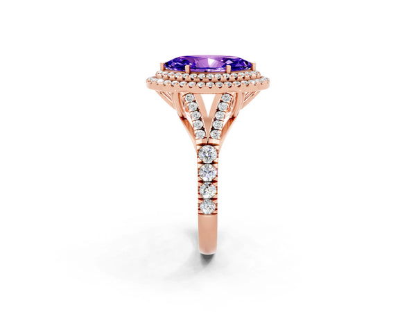 Rose gold Marquise Cut Tanzanite Double Halo Ring with Split Shank and Prong Setting