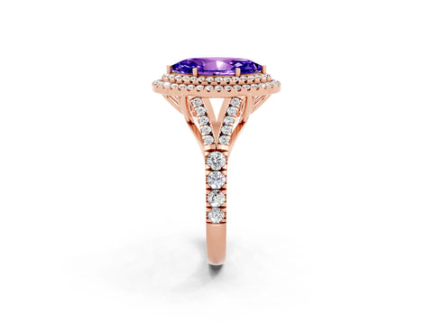 Rose gold Marquise Cut Tanzanite Double Halo Ring with Split Shank and Prong Setting_14