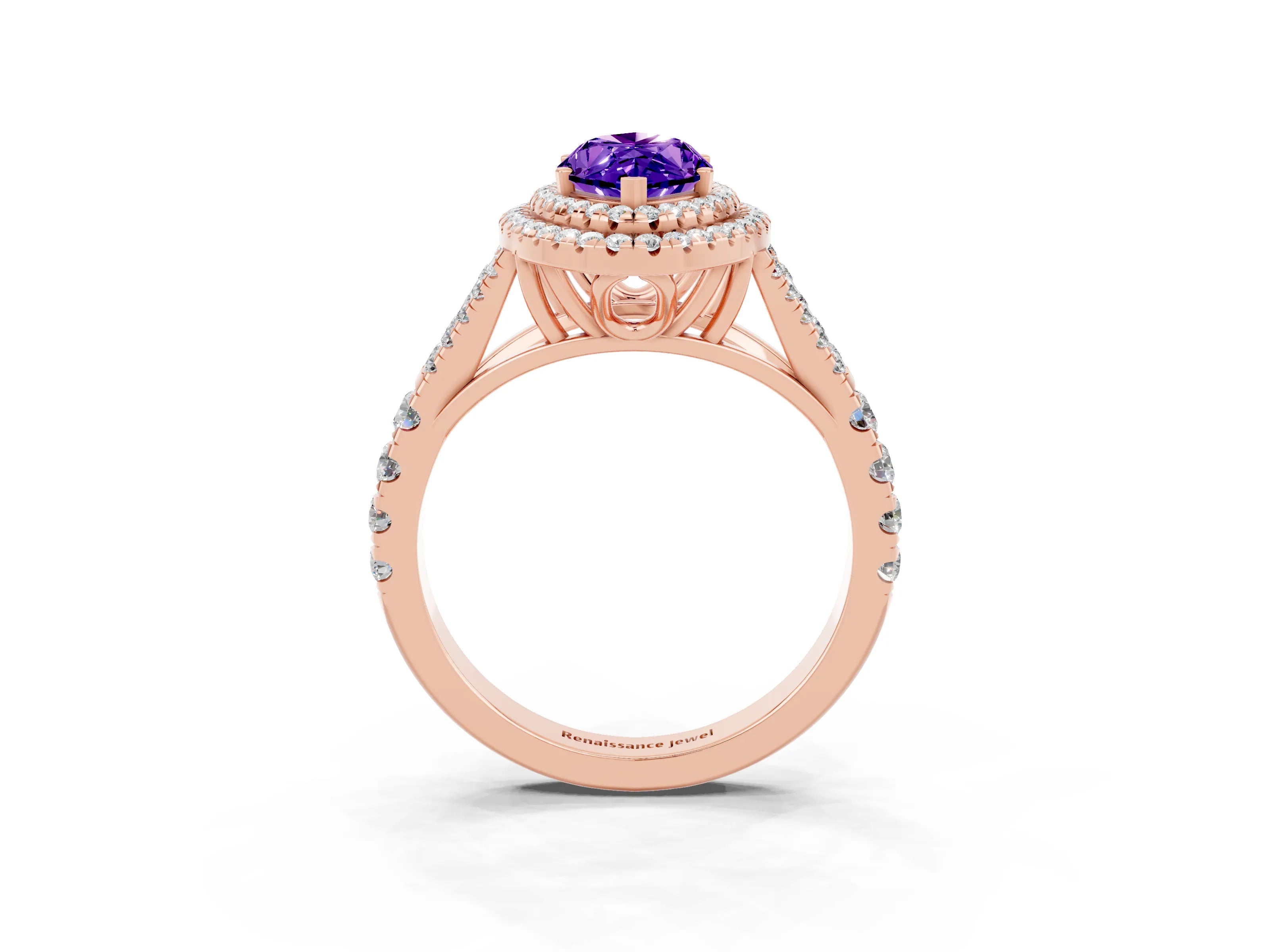 Rose gold Marquise Cut Tanzanite Double Halo Ring with Split Shank and Prong Setting_15