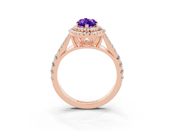 Rose gold Marquise Cut Tanzanite Double Halo Ring with Split Shank and Prong Setting