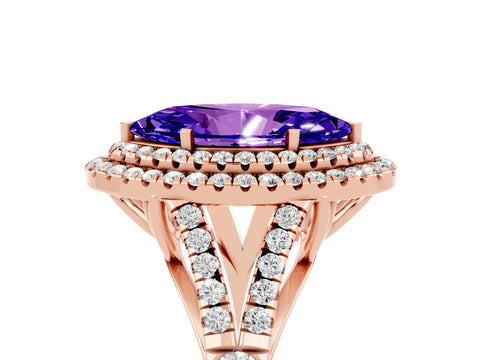Rose gold Marquise Cut Tanzanite Double Halo Ring with Split Shank and Prong Setting_17