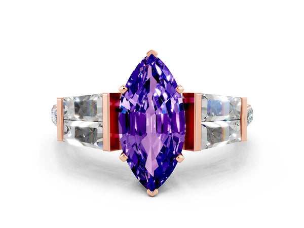 Rose gold Marquise Cut Tanzanite Engagement Ring with Baguette Side Stones and Channel Set Band
