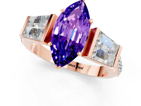Rose gold Marquise Cut Tanzanite Engagement Ring with Baguette Side Stones and Channel Set Band