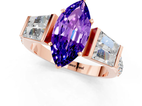 Rose gold Marquise Cut Tanzanite Engagement Ring with Baguette Side Stones and Channel Set Band_1