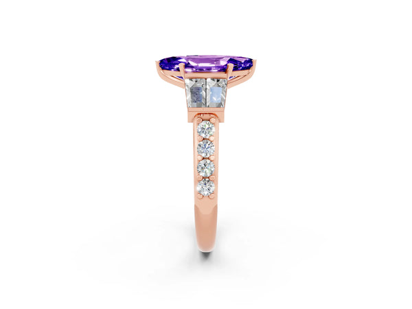 Rose gold Marquise Cut Tanzanite Engagement Ring with Baguette Side Stones and Channel Set Band