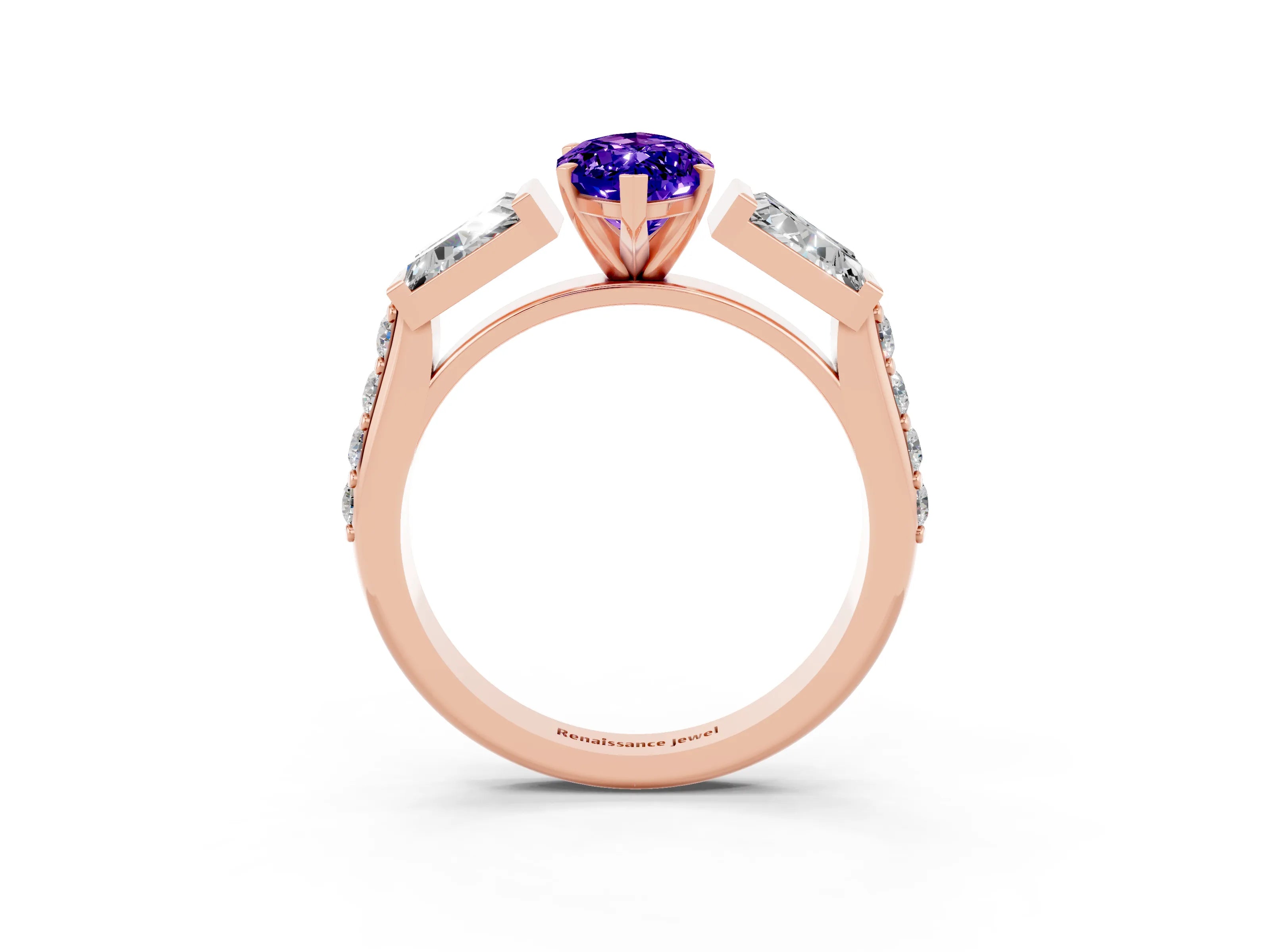 Rose gold Marquise Cut Tanzanite Engagement Ring with Baguette Side Stones and Channel Set Band_3