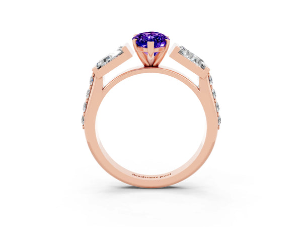Rose gold Marquise Cut Tanzanite Engagement Ring with Baguette Side Stones and Channel Set Band