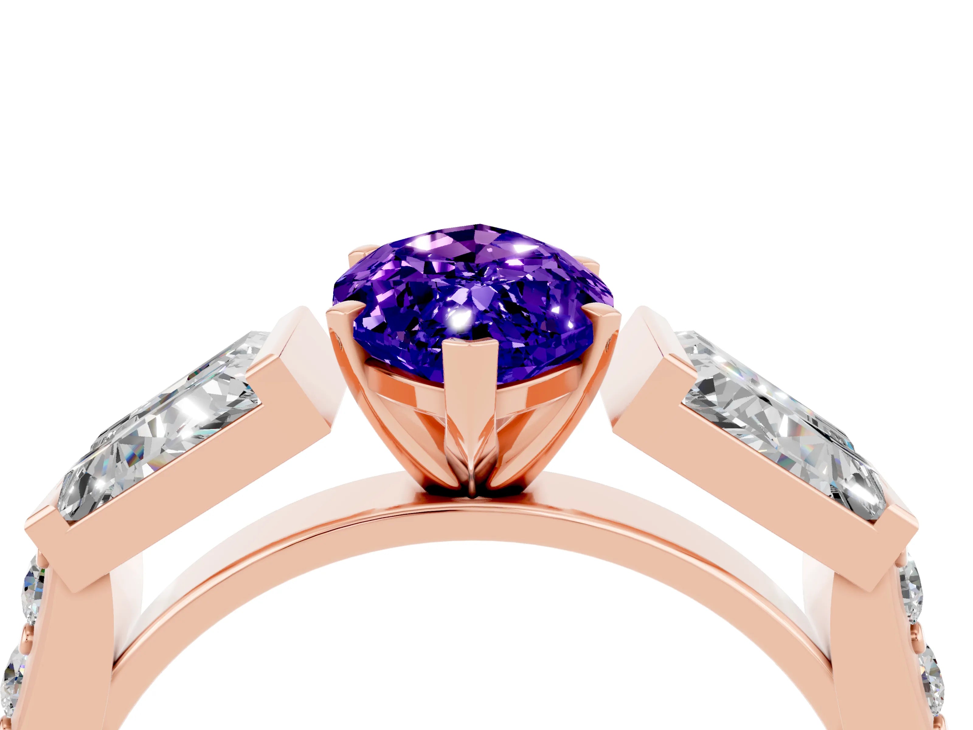 Rose gold Marquise Cut Tanzanite Engagement Ring with Baguette Side Stones and Channel Set Band_4