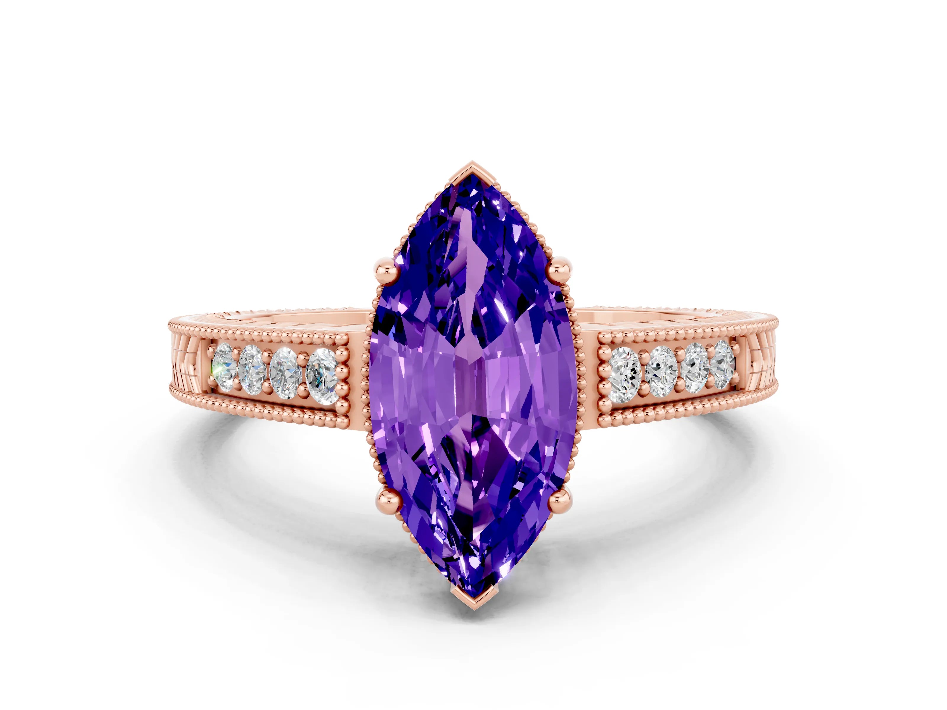 Rose gold Marquise Cut Tanzanite Engagement Ring with Milgrain Channel Set Band and Prong Setting