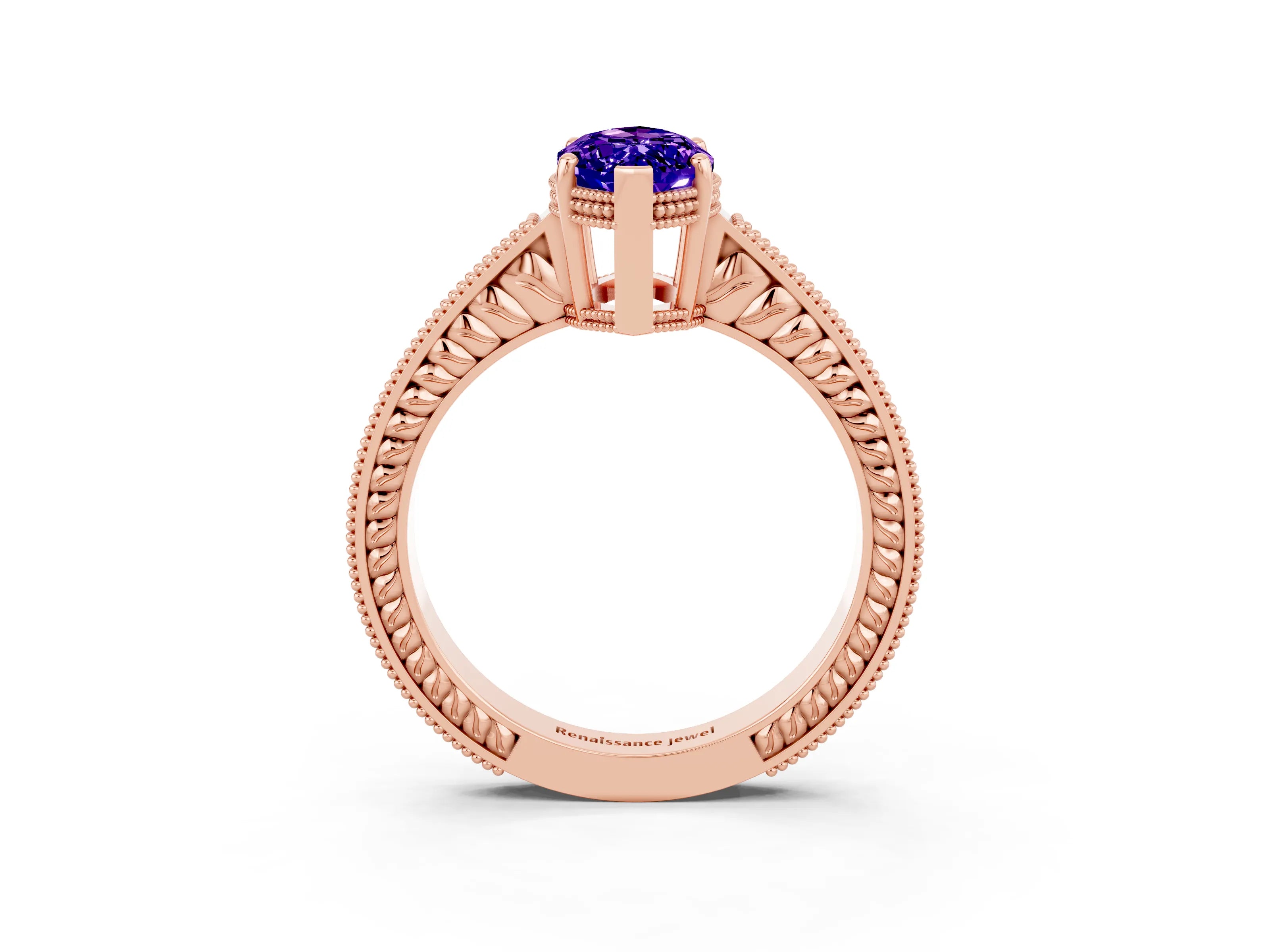 Rose gold Marquise Cut Tanzanite Engagement Ring with Milgrain Channel Set Band and Prong Setting_3