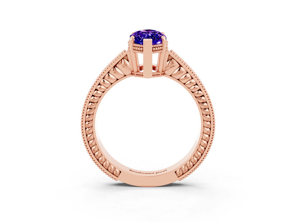 Rose gold Marquise Cut Tanzanite Engagement Ring with Milgrain Channel Set Band and Prong Setting