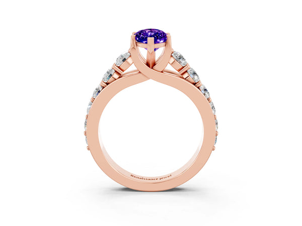 Rose gold Marquise Cut Tanzanite Engagement Ring with Pavé Band and Four-Prong Setting