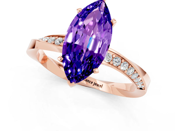 Rose gold Marquise Cut Tanzanite Engagement Ring with Side Stone Accents and Four-Prong Setting