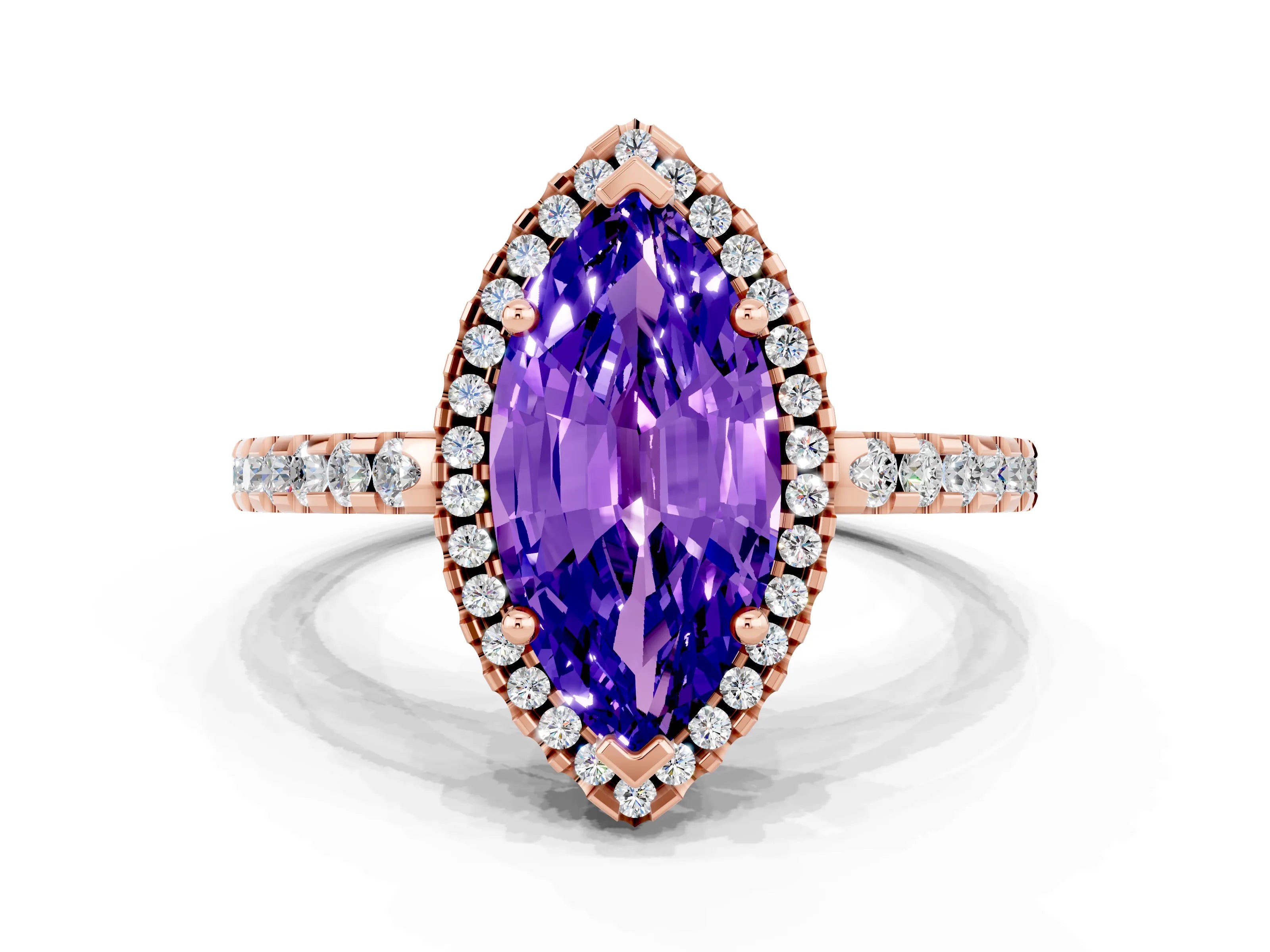 Rose gold Marquise Cut Tanzanite Halo Engagement Ring with Pavé Band and Prong Setting_12