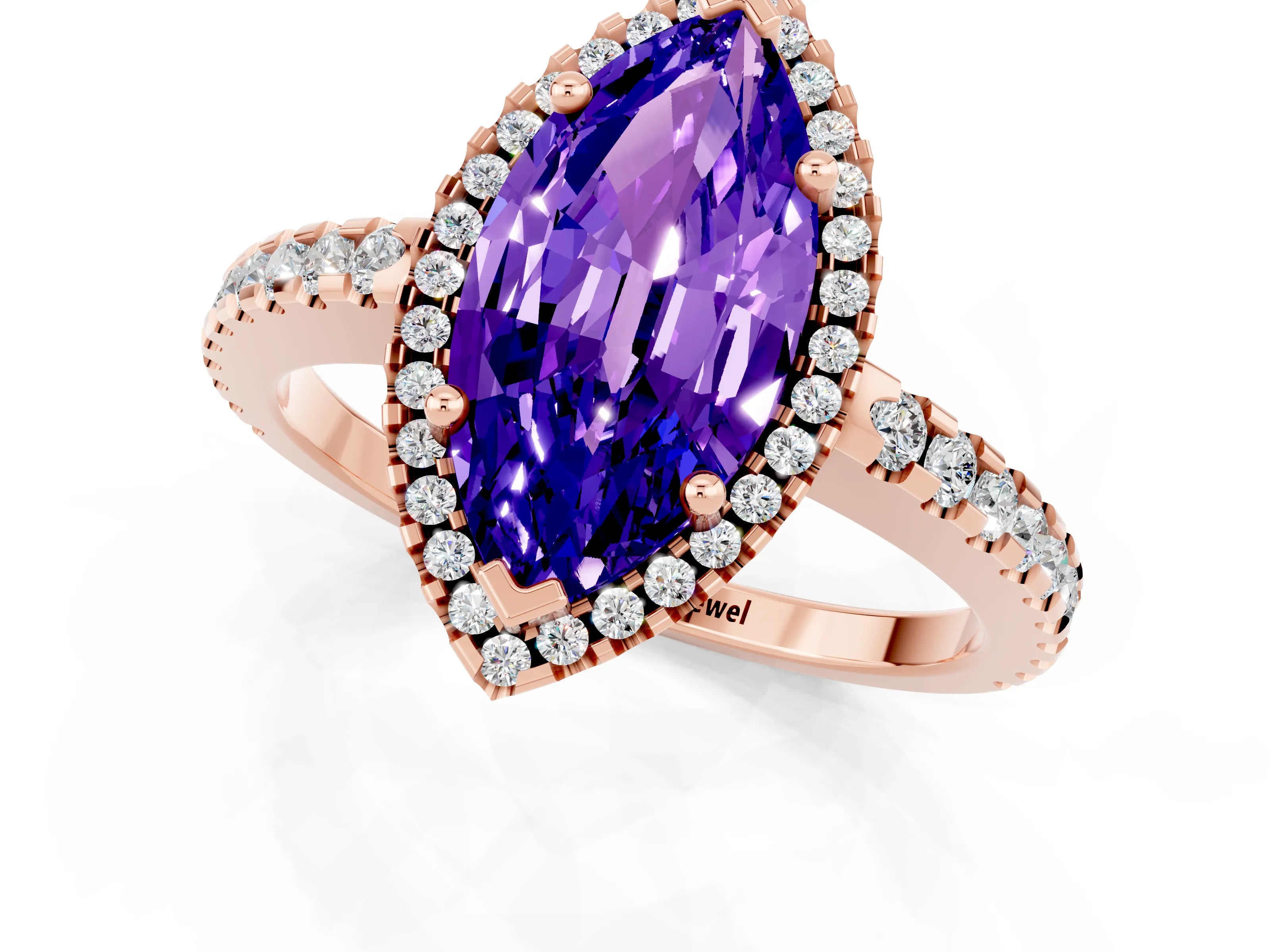 Rose gold Marquise Cut Tanzanite Halo Engagement Ring with Pavé Band and Prong Setting_13