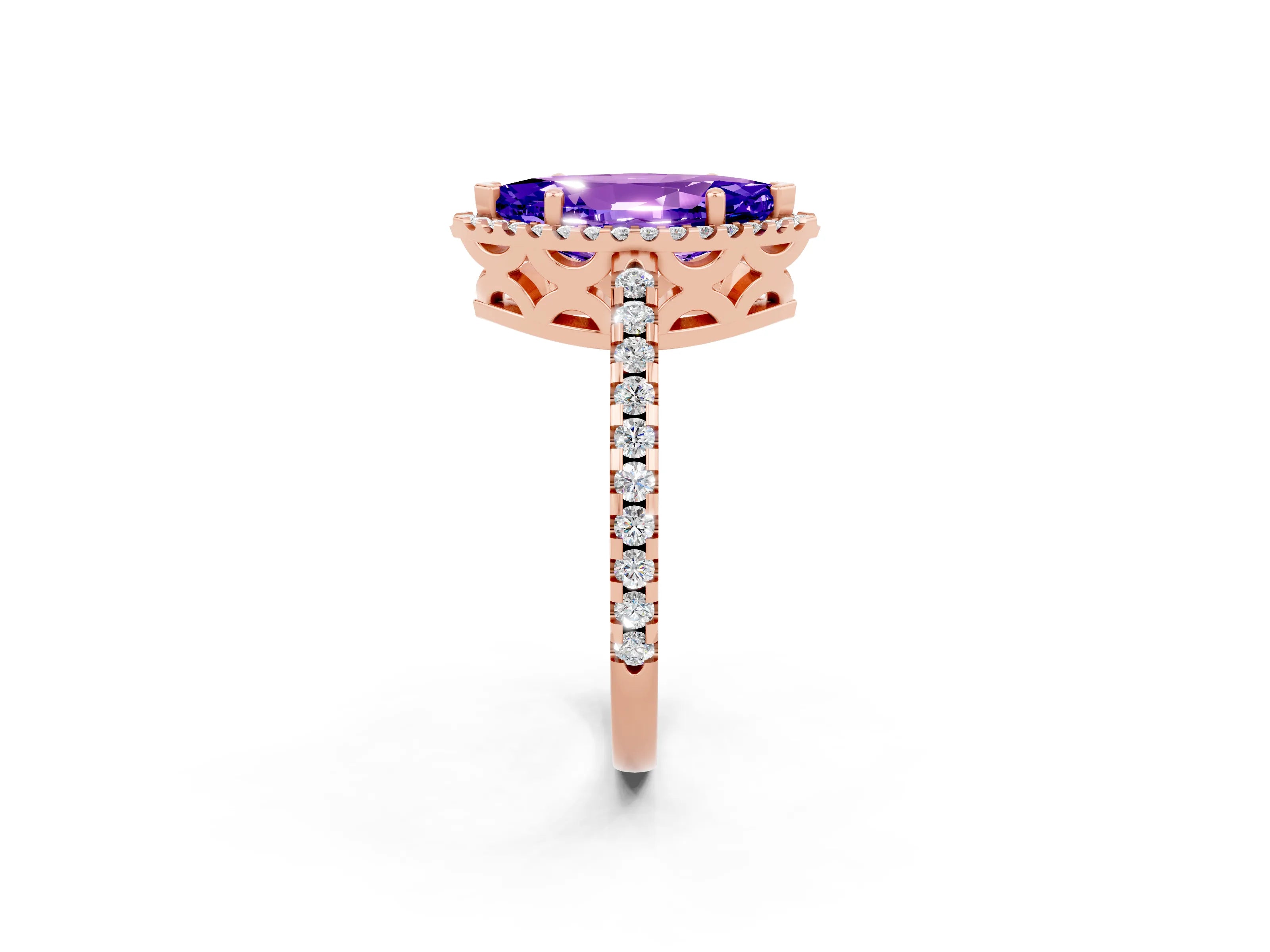 Rose gold Marquise Cut Tanzanite Halo Engagement Ring with Pavé Band and Prong Setting_14