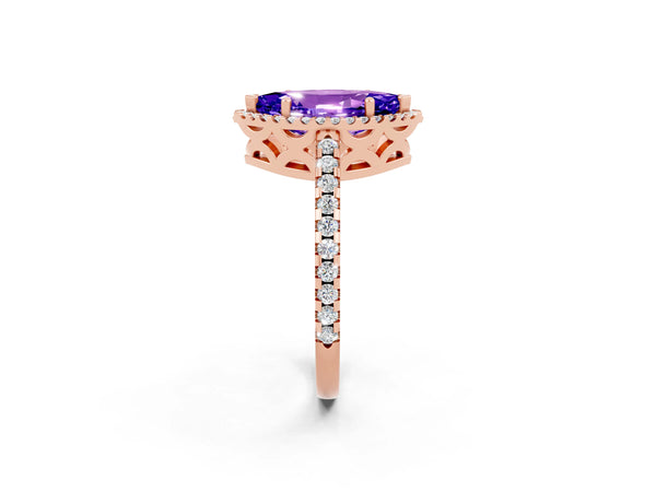 Rose gold Marquise Cut Tanzanite Halo Engagement Ring with Pavé Band and Prong Setting