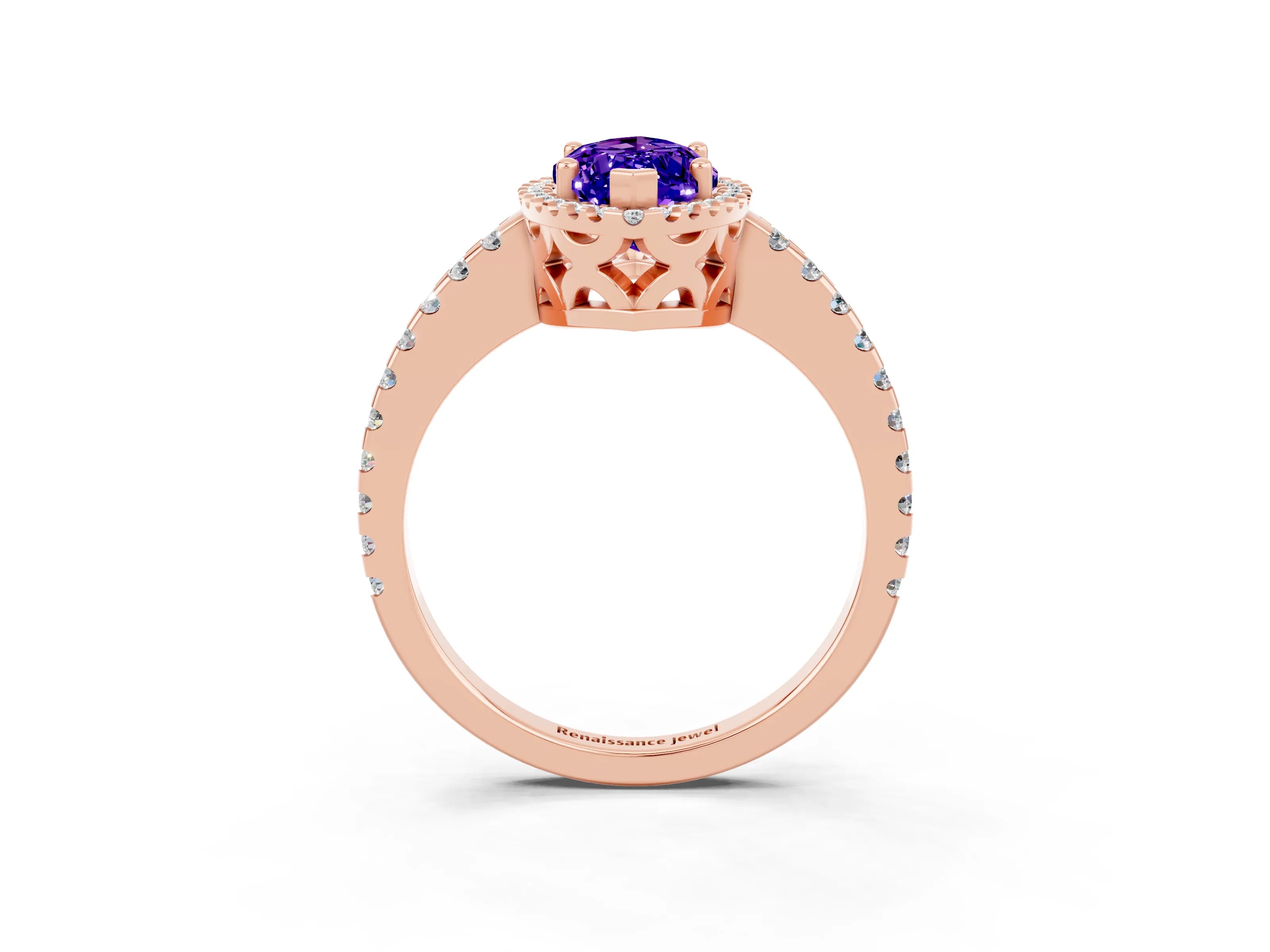Rose gold Marquise Cut Tanzanite Halo Engagement Ring with Pavé Band and Prong Setting_15