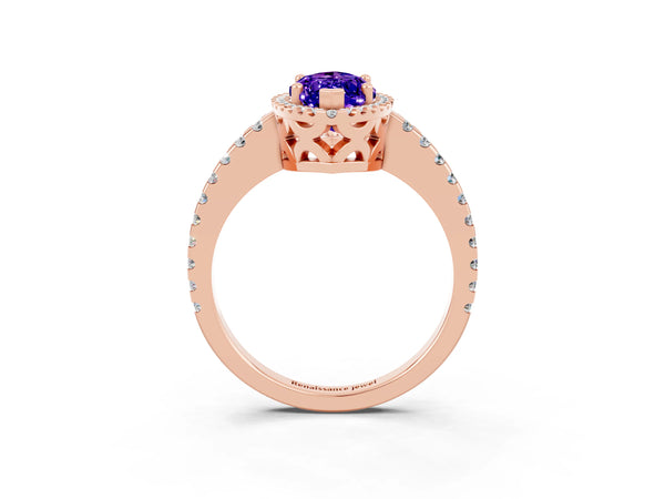 Rose gold Marquise Cut Tanzanite Halo Engagement Ring with Pavé Band and Prong Setting