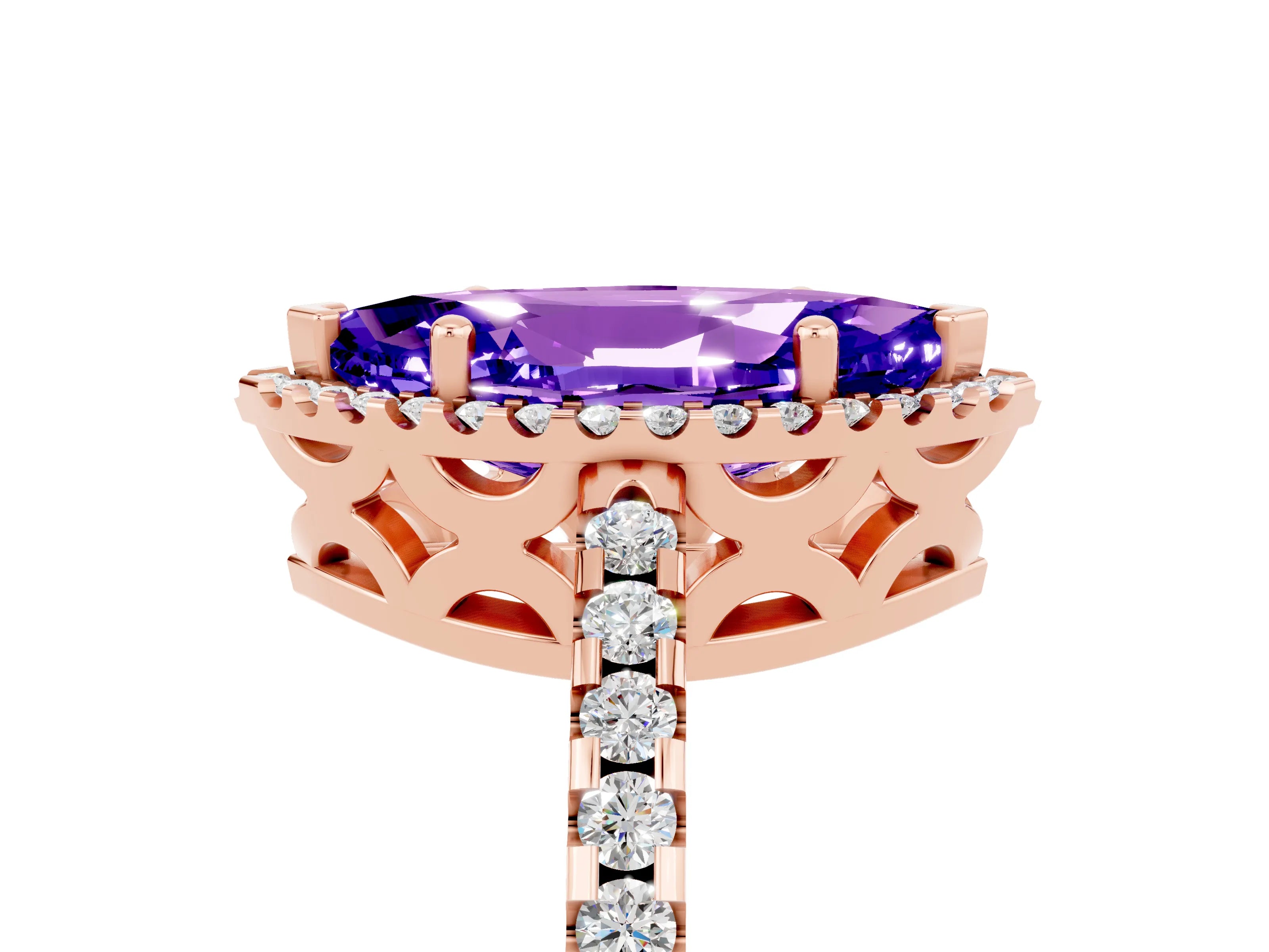 Rose gold Marquise Cut Tanzanite Halo Engagement Ring with Pavé Band and Prong Setting_17