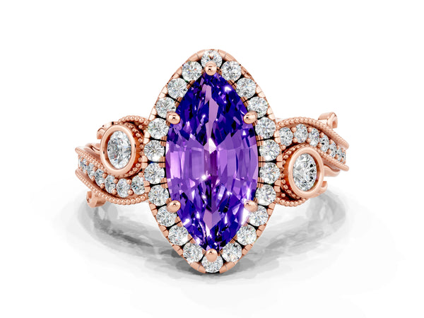 Rose gold Marquise Cut Tanzanite Halo Ring with Milgrain Pavé Band and Four-Prong Setting