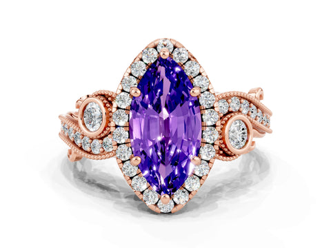 Rose gold Marquise Cut Tanzanite Halo Ring with Milgrain Pavé Band and Four-Prong Setting_12