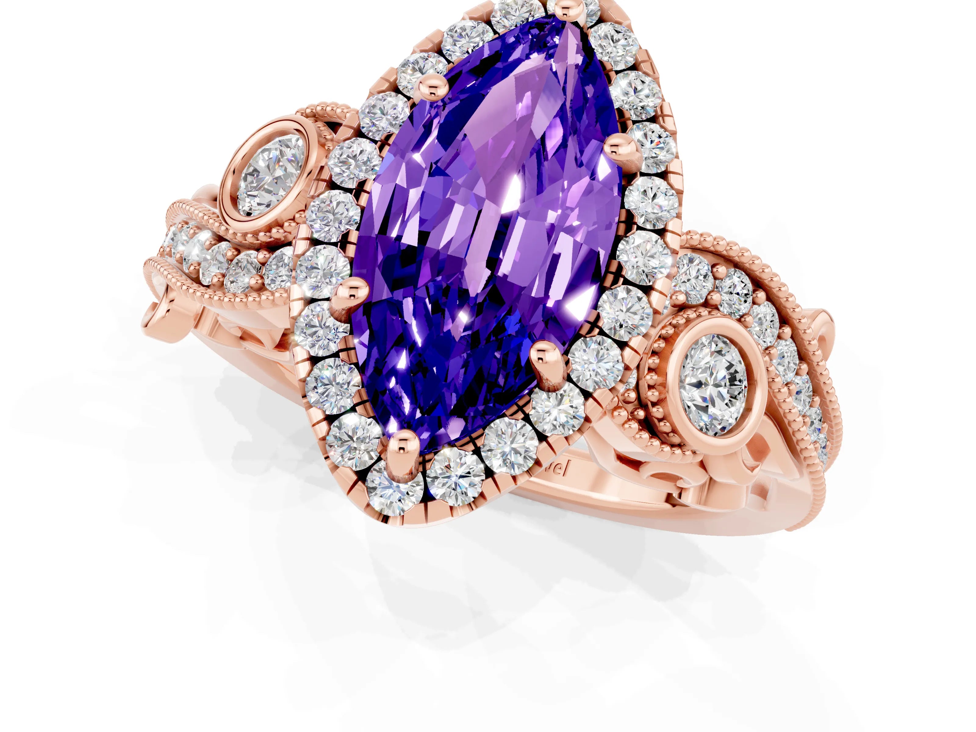 Rose gold Marquise Cut Tanzanite Halo Ring with Milgrain Pavé Band and Four-Prong Setting_13
