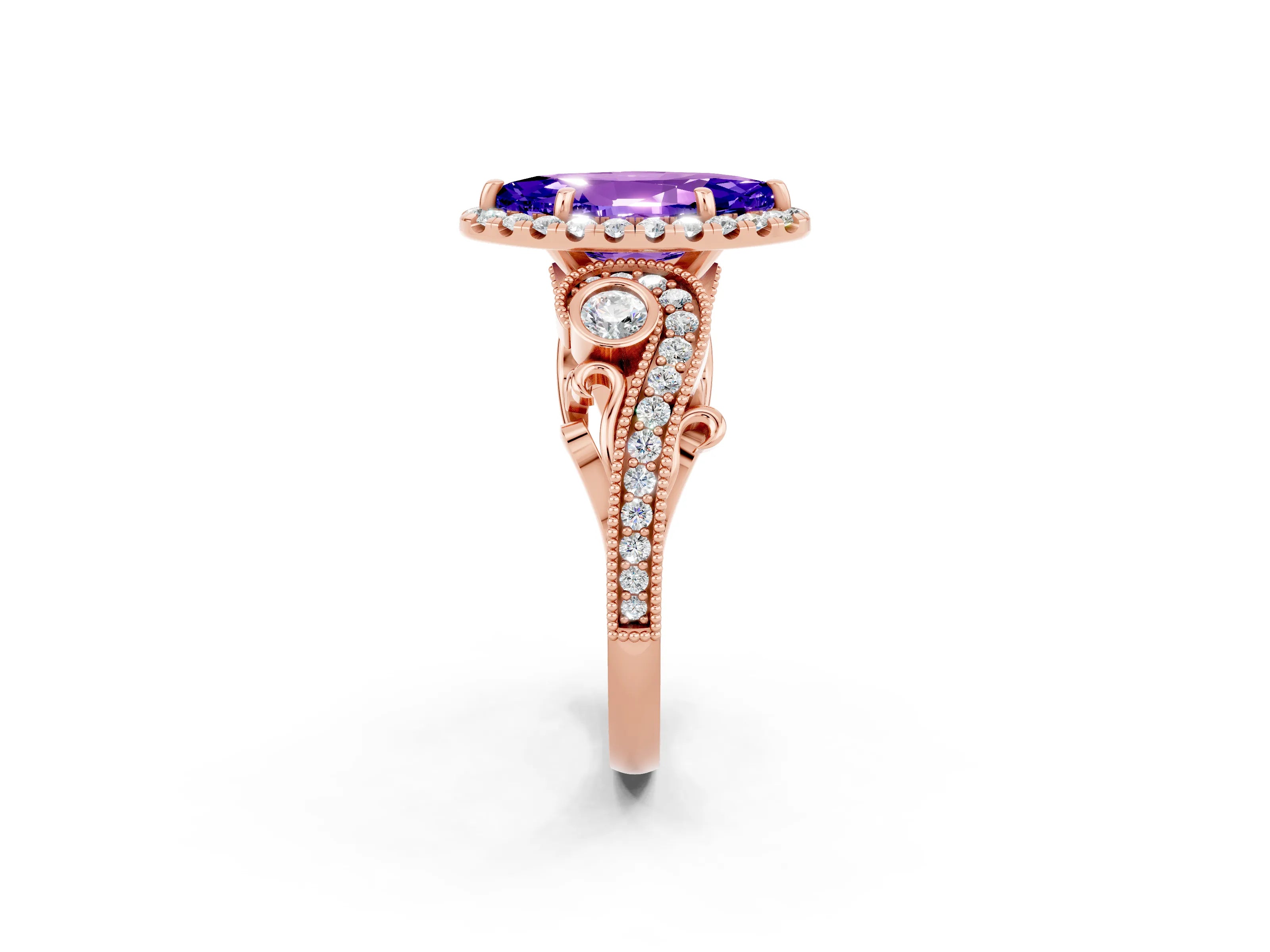 Rose gold Marquise Cut Tanzanite Halo Ring with Milgrain Pavé Band and Four-Prong Setting_14