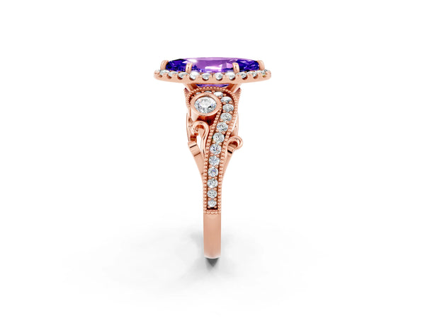 Rose gold Marquise Cut Tanzanite Halo Ring with Milgrain Pavé Band and Four-Prong Setting