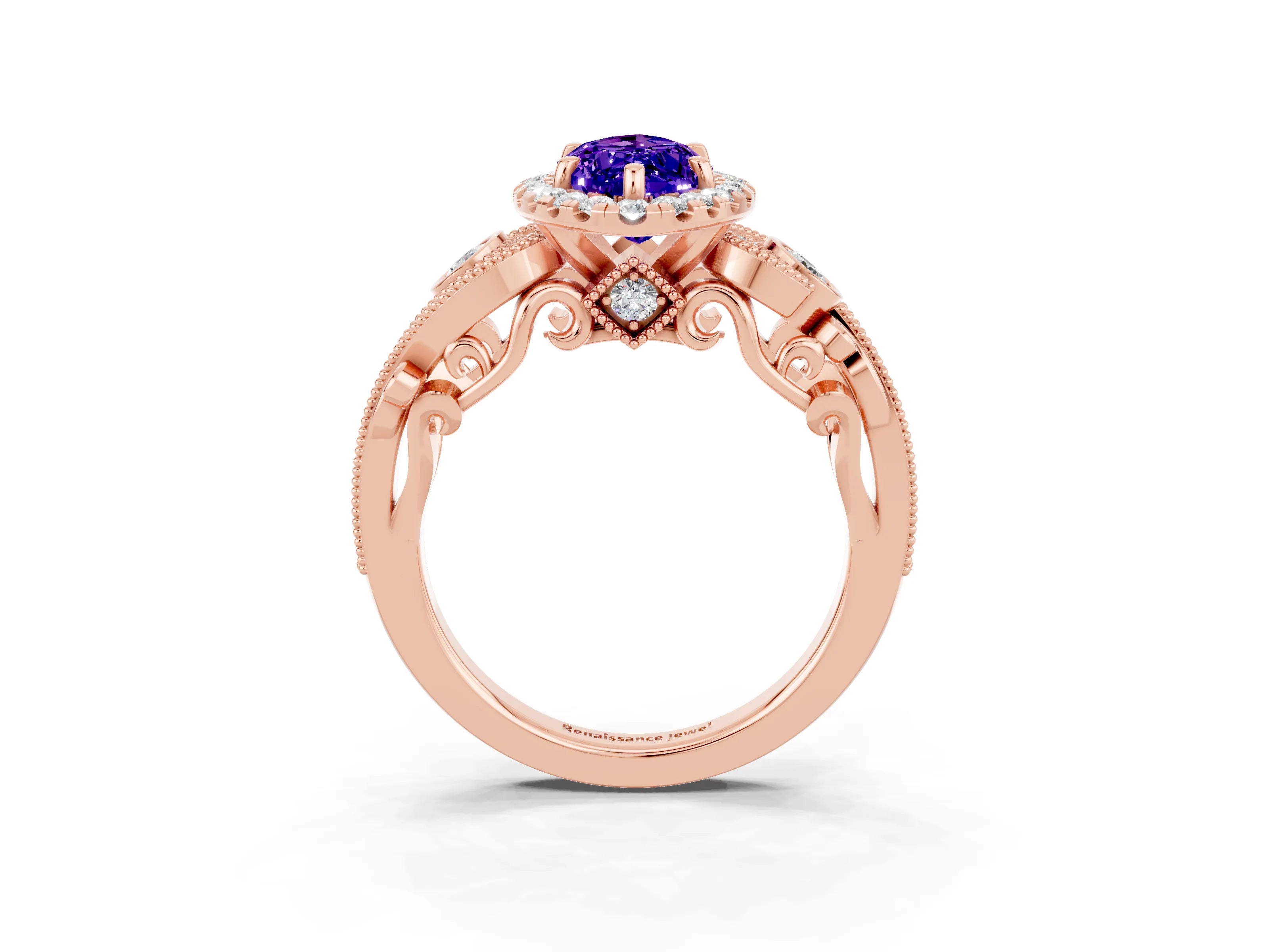Rose gold Marquise Cut Tanzanite Halo Ring with Milgrain Pavé Band and Four-Prong Setting_15