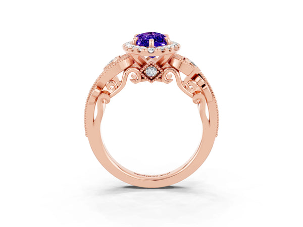 Rose gold Marquise Cut Tanzanite Halo Ring with Milgrain Pavé Band and Four-Prong Setting