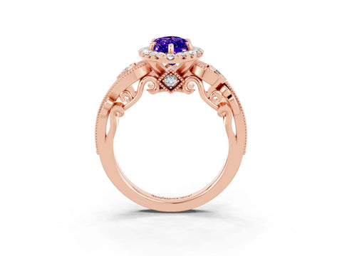 Rose gold Marquise Cut Tanzanite Halo Ring with Milgrain Pavé Band and Four-Prong Setting_15