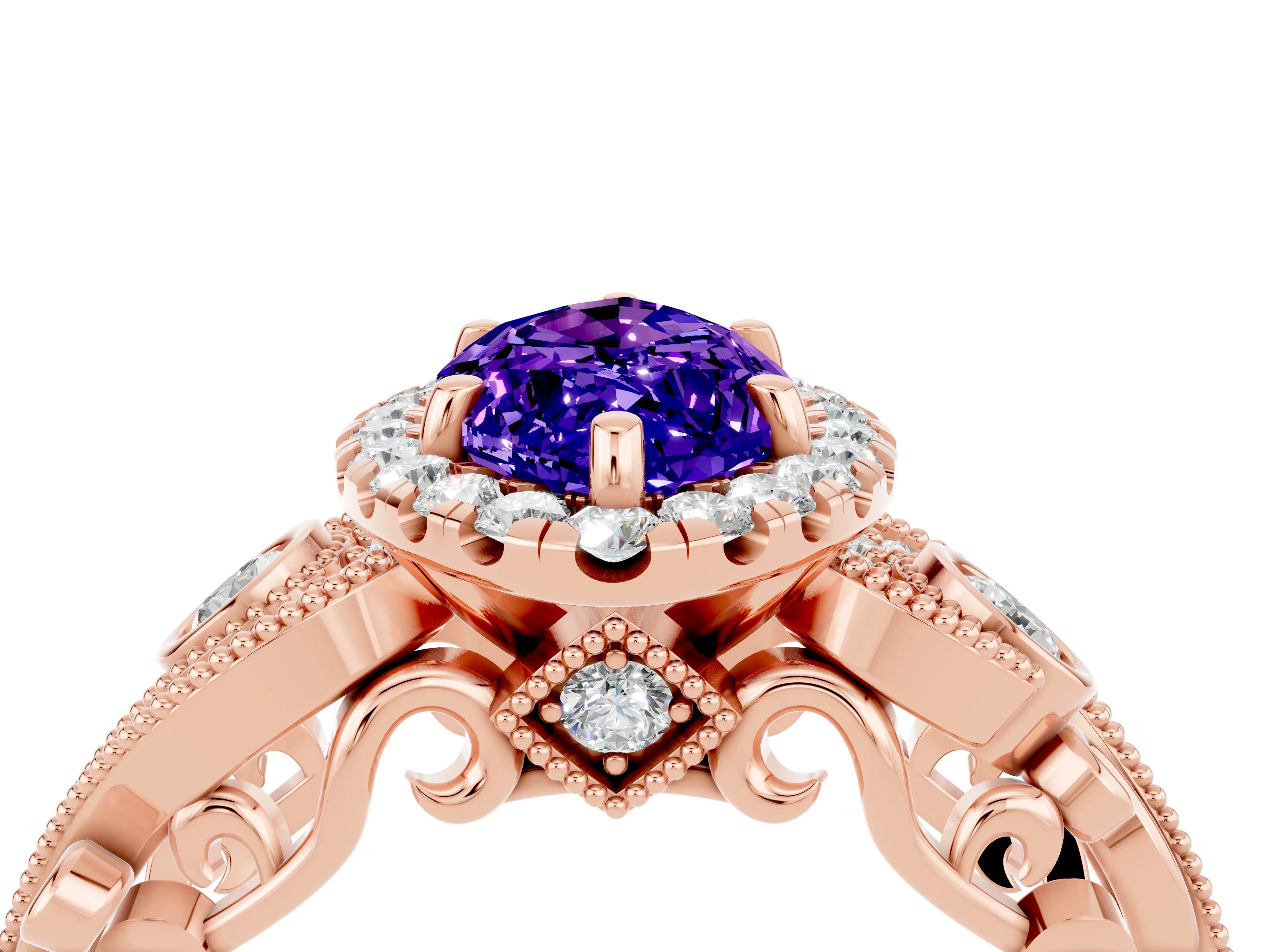 Rose gold Marquise Cut Tanzanite Halo Ring with Milgrain Pavé Band and Four-Prong Setting_16