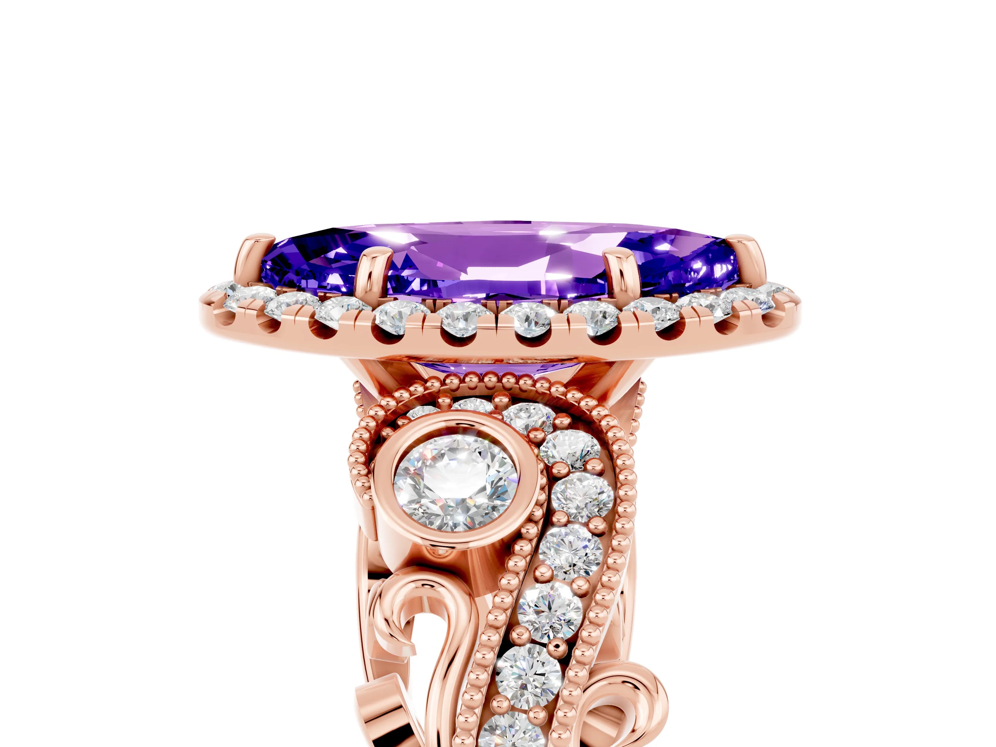 Rose gold Marquise Cut Tanzanite Halo Ring with Milgrain Pavé Band and Four-Prong Setting_17