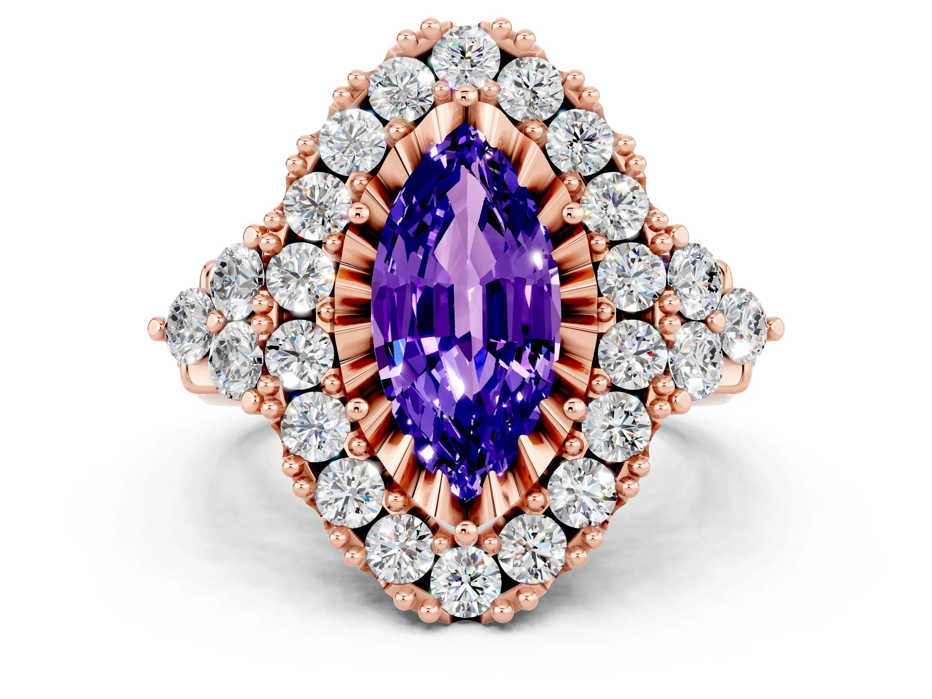Rose gold Marquise Cut Tanzanite Halo Ring with Pavé Band and Four-Prong Setting_12