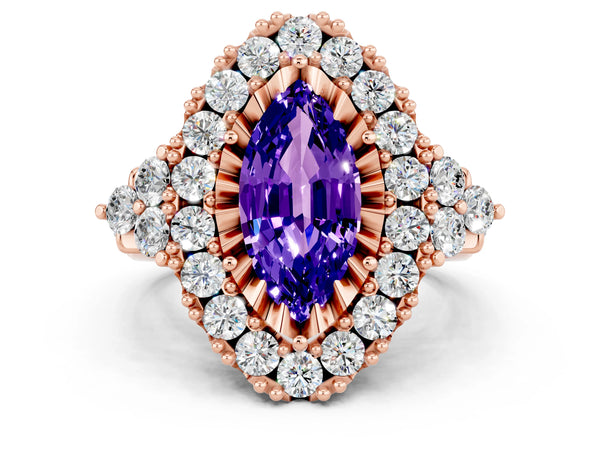 Rose gold Marquise Cut Tanzanite Halo Ring with Pavé Band and Four-Prong Setting