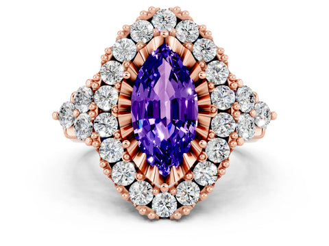 Rose gold Marquise Cut Tanzanite Halo Ring with Pavé Band and Four-Prong Setting_12