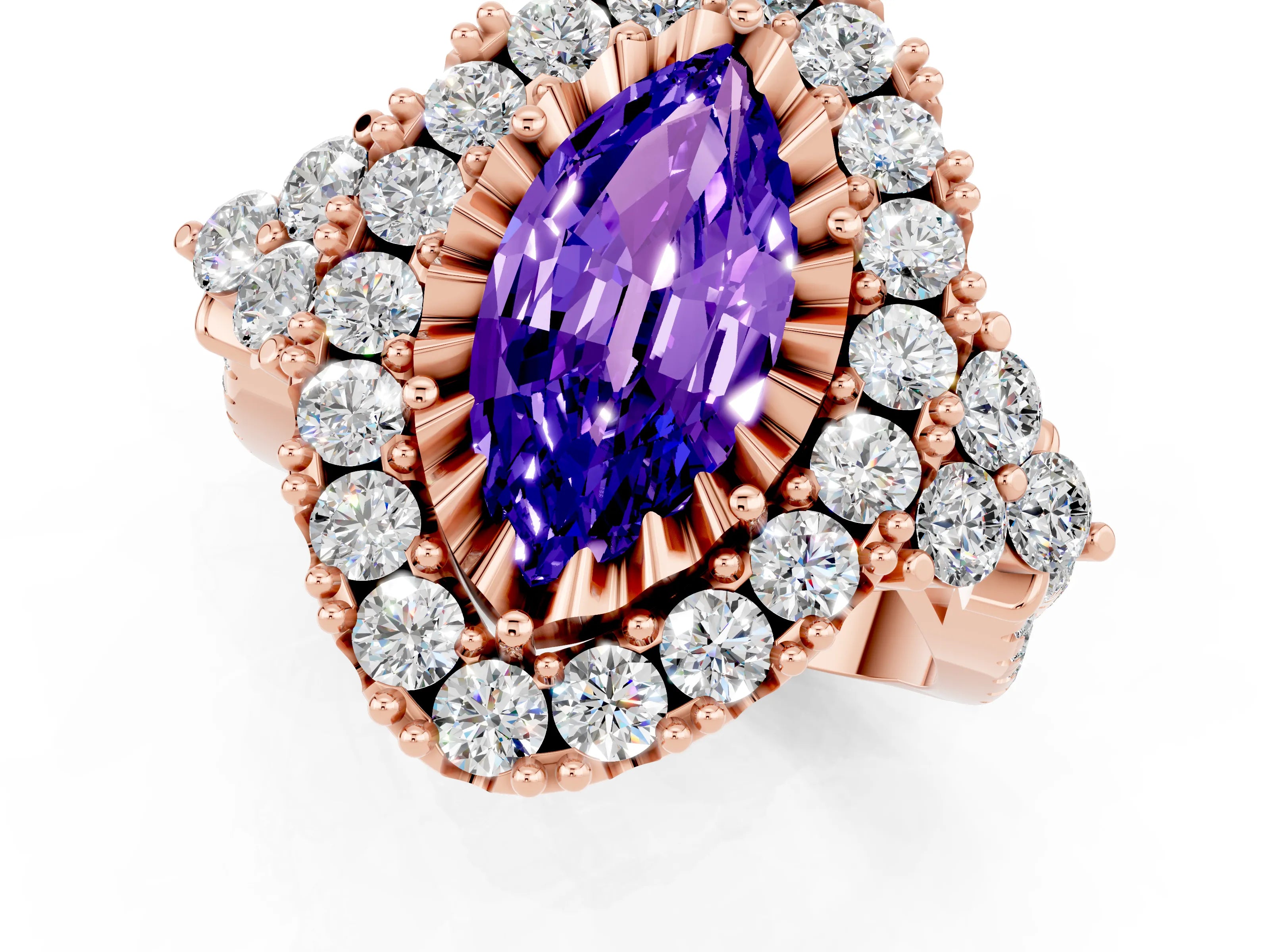 Rose gold Marquise Cut Tanzanite Halo Ring with Pavé Band and Four-Prong Setting_13