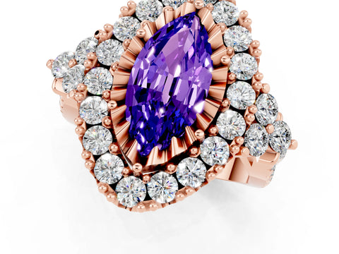 Rose gold Marquise Cut Tanzanite Halo Ring with Pavé Band and Four-Prong Setting_13