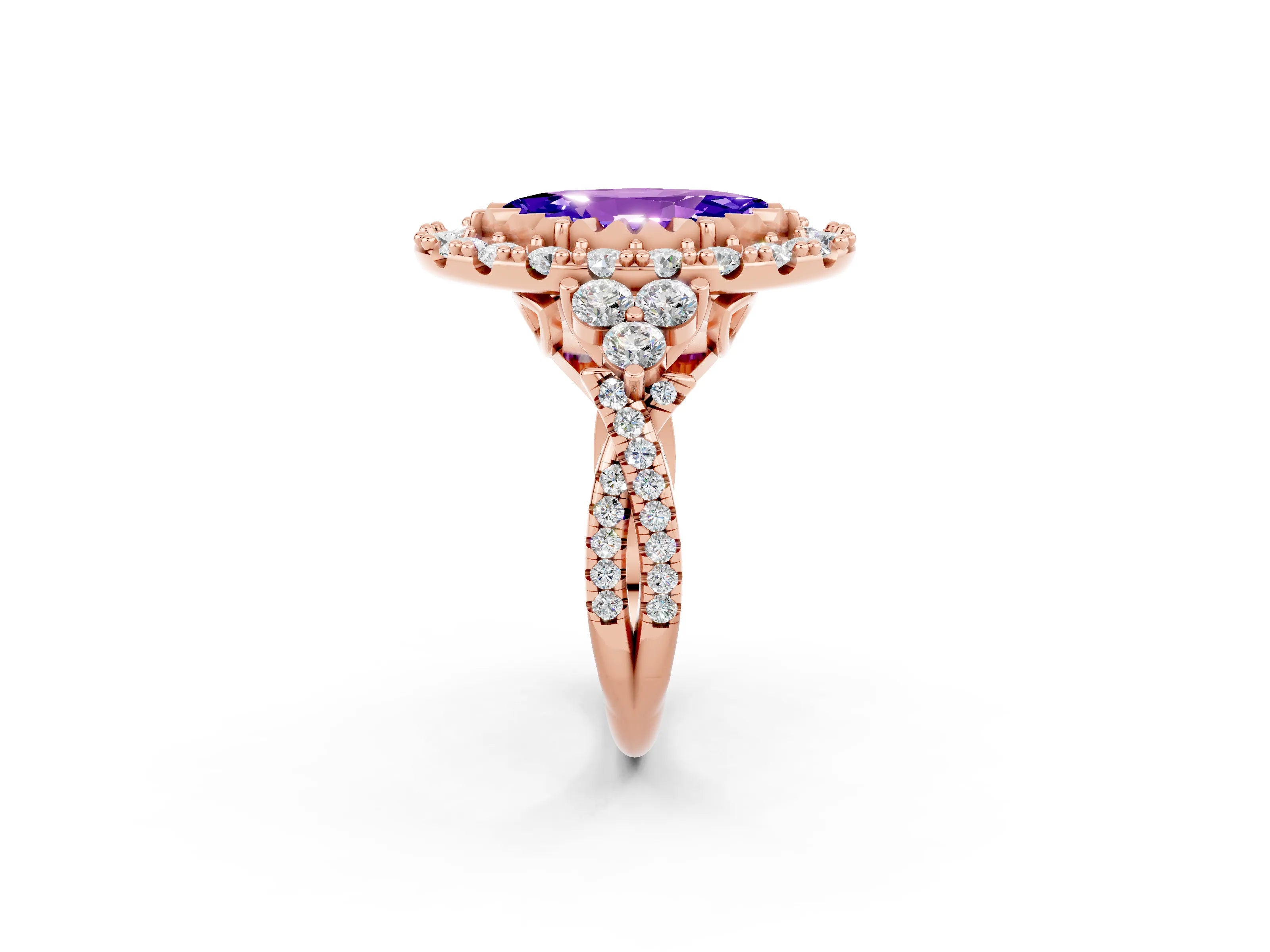 Rose gold Marquise Cut Tanzanite Halo Ring with Pavé Band and Four-Prong Setting_14