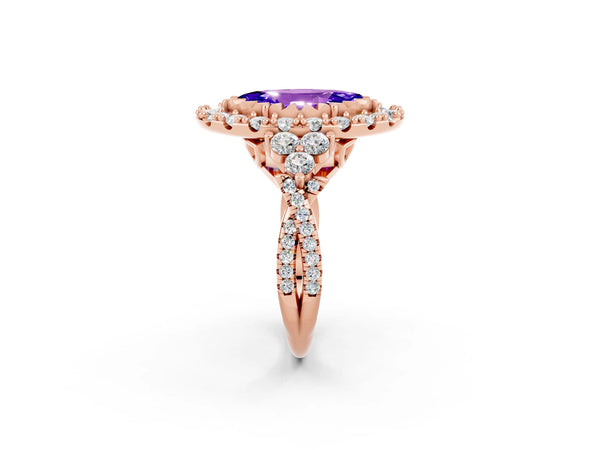 Rose gold Marquise Cut Tanzanite Halo Ring with Pavé Band and Four-Prong Setting