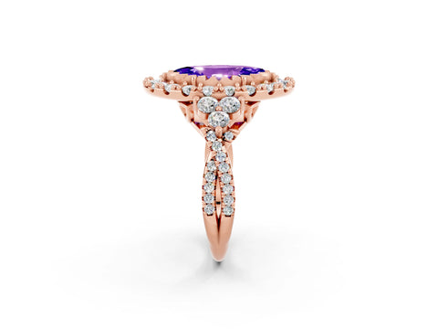 Rose gold Marquise Cut Tanzanite Halo Ring with Pavé Band and Four-Prong Setting_14