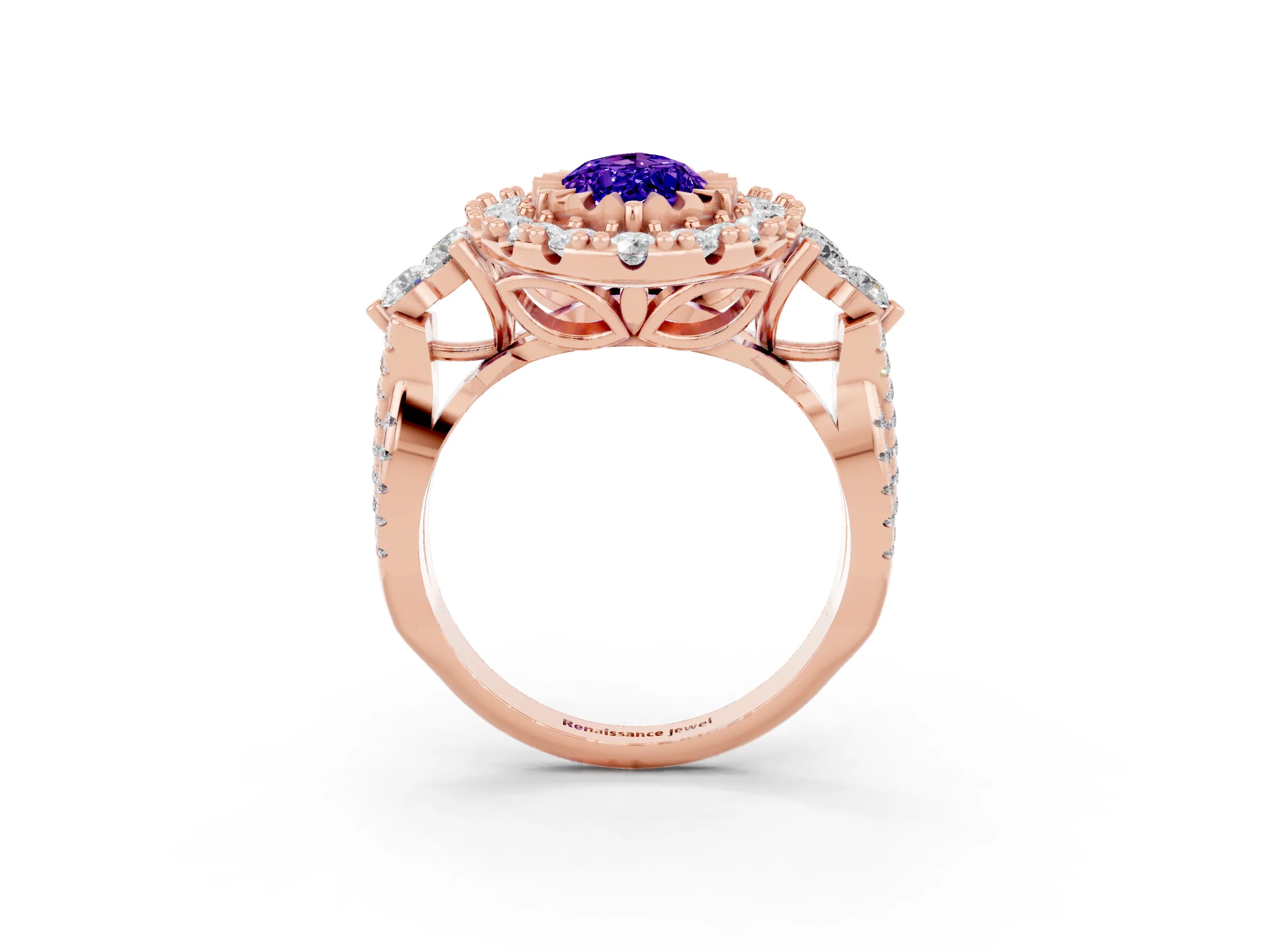 Rose gold Marquise Cut Tanzanite Halo Ring with Pavé Band and Four-Prong Setting_15