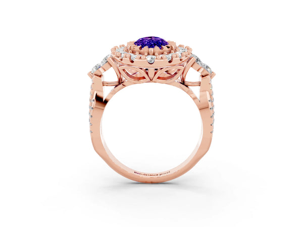 Rose gold Marquise Cut Tanzanite Halo Ring with Pavé Band and Four-Prong Setting