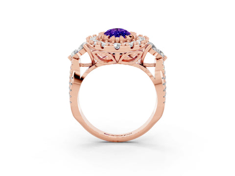 Rose gold Marquise Cut Tanzanite Halo Ring with Pavé Band and Four-Prong Setting_15