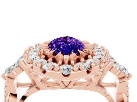 Rose gold Marquise Cut Tanzanite Halo Ring with Pavé Band and Four-Prong Setting_16