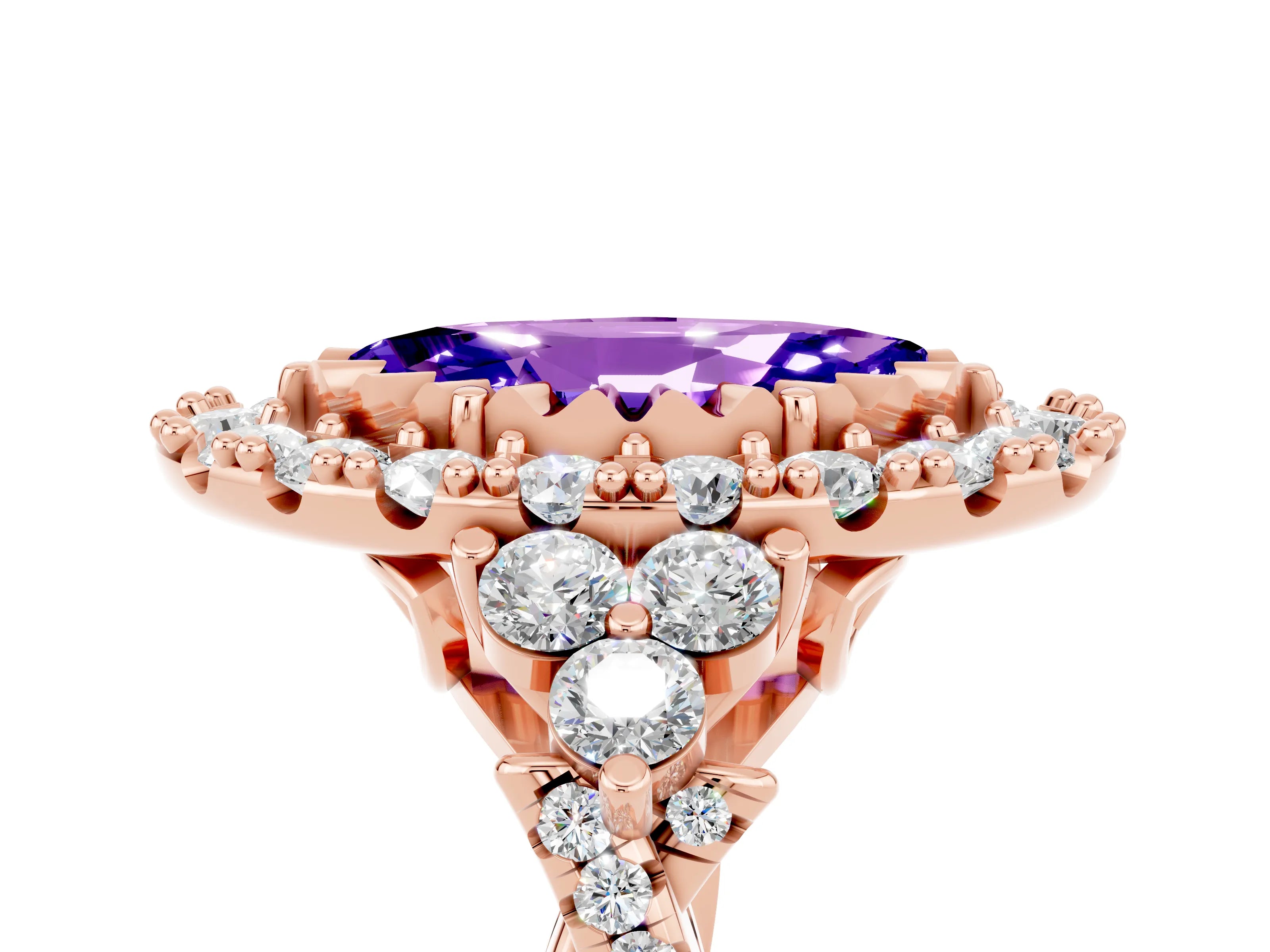 Rose gold Marquise Cut Tanzanite Halo Ring with Pavé Band and Four-Prong Setting_17