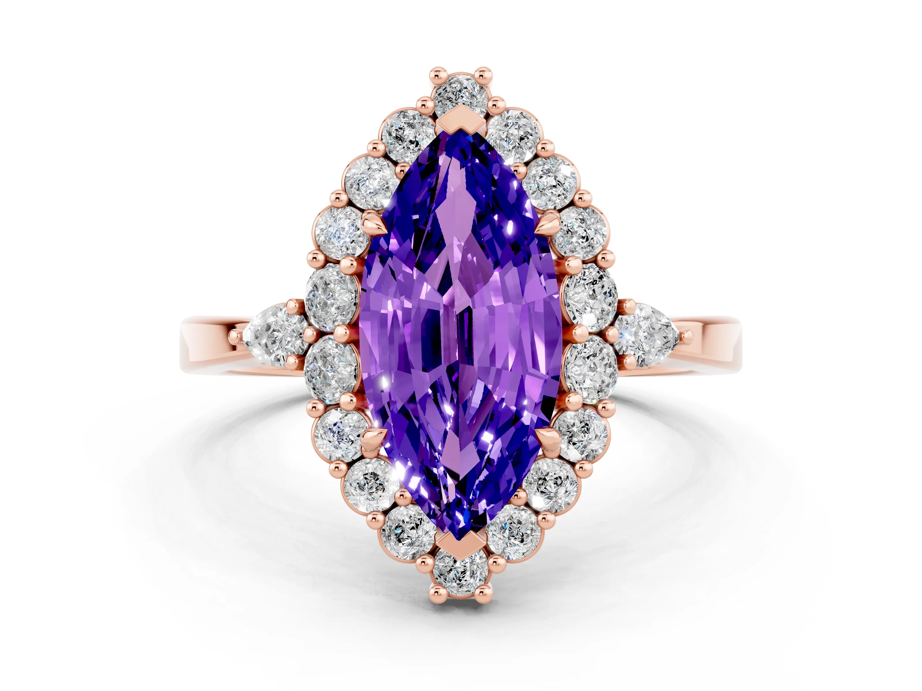 Rose gold Marquise Cut Tanzanite Halo Ring with Pear Side Stones and Prong Setting_12