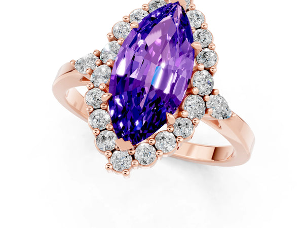 Rose gold Marquise Cut Tanzanite Halo Ring with Pear Side Stones and Prong Setting