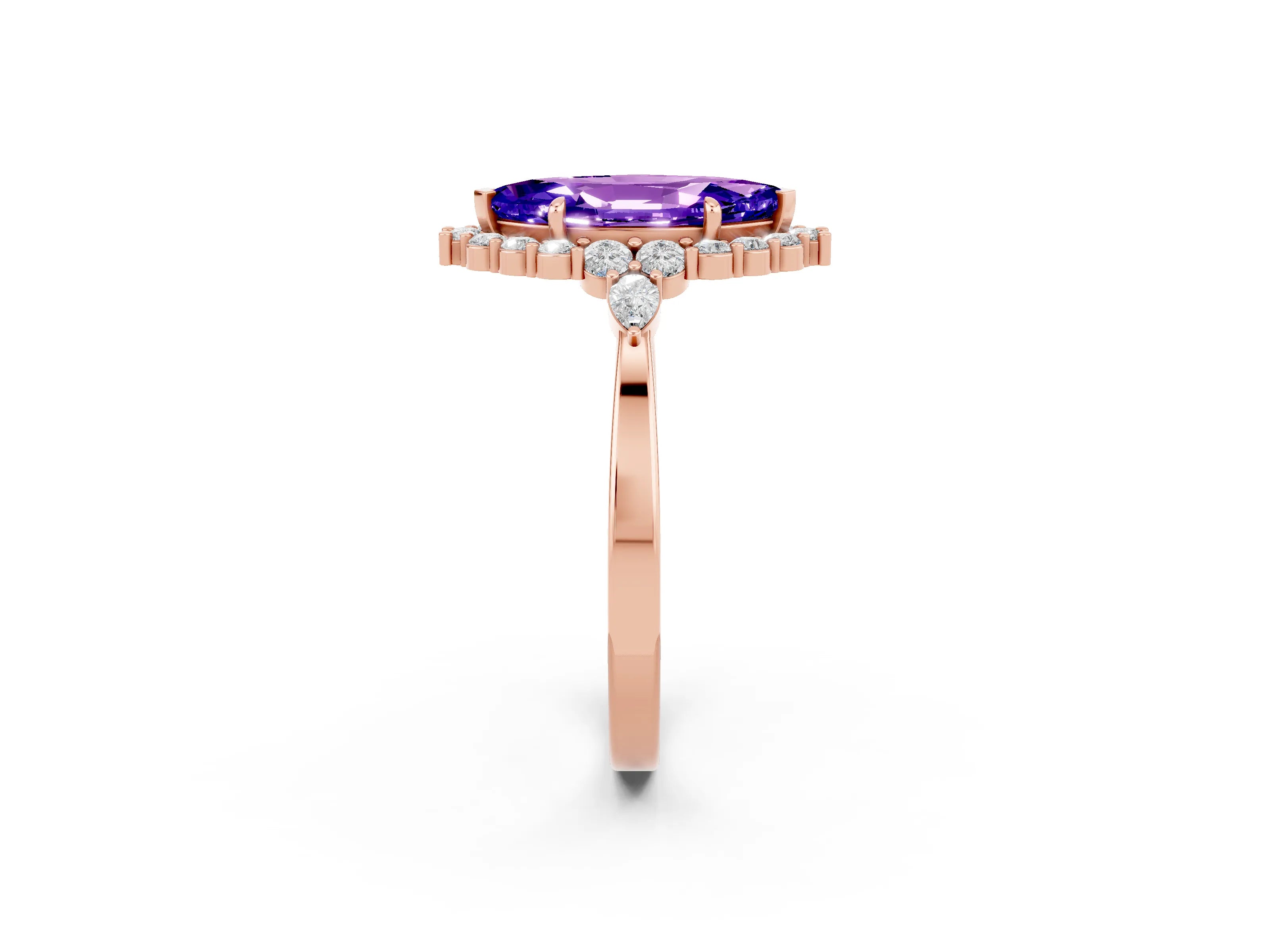 Rose gold Marquise Cut Tanzanite Halo Ring with Pear Side Stones and Prong Setting_14